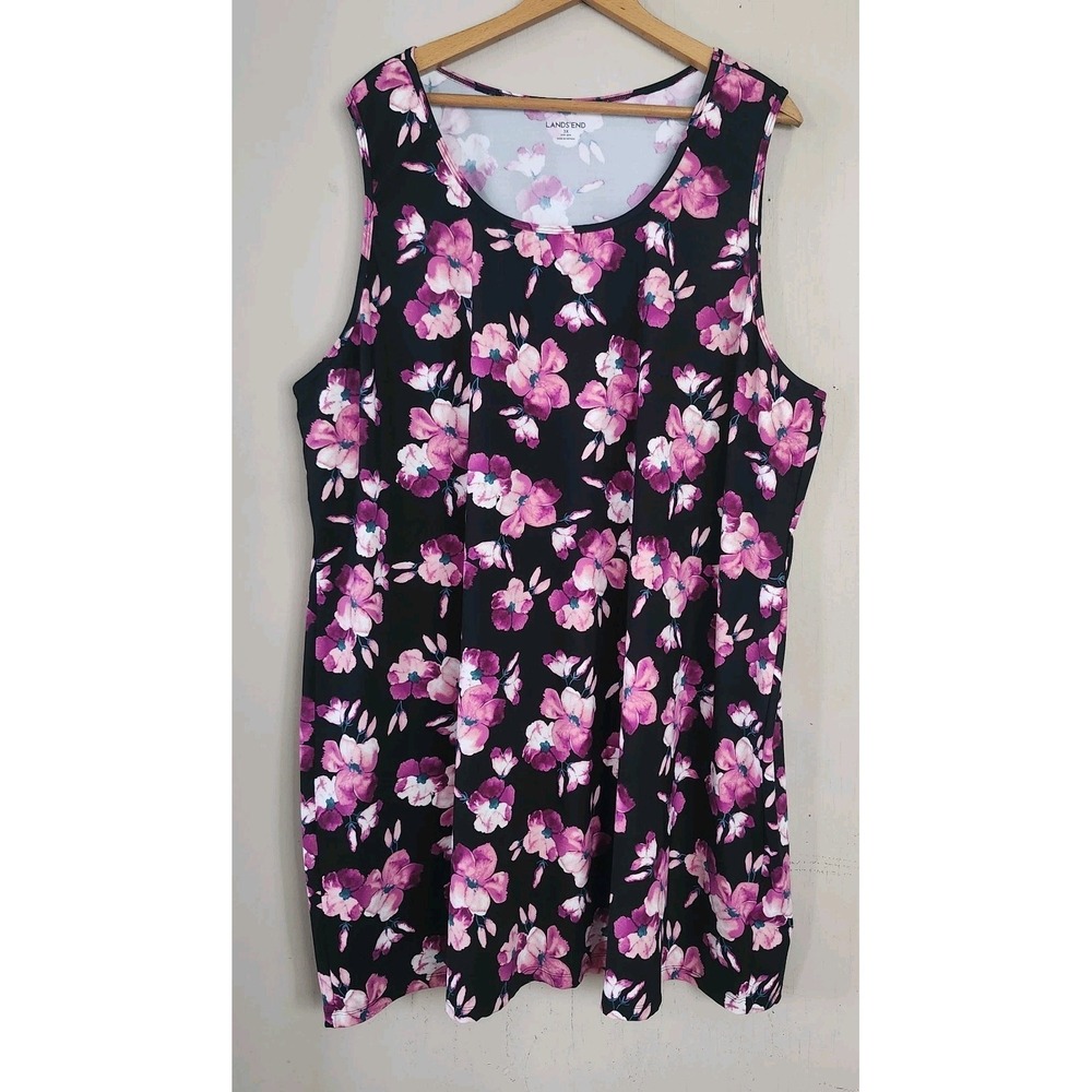 Lands End Womens 3X Floral Nylon Stretch Beach Pool Dress Cover Up Black Pink